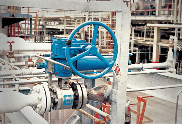 Válvulas MOGAS alineadas en una planta petroquímica para la producción de olefina.